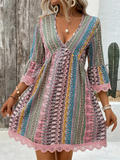 Bohemian Print V Neck Lace Hem Mini Dress for Women