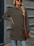 Autumn Slim Fit Long Sleeve High Collar Stripe Shirt for Women