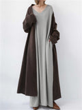 Winter Gentle Solid Color V Neck Long Dress for Lady