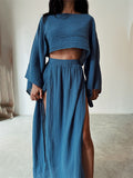 Women's Beach Cotton Linen Short Shirt + High Split Flowy Skirt