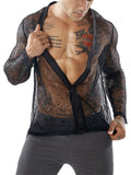 Deep V-neck Transparent Mesh Shirts for Male