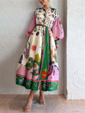 French Print Puff Sleeve Vintage Pleated Flowy Dress for Ladies