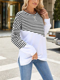 Stripe & Solid Color Round Neck Loose Sweatshirt for Female