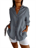 Women's Pleated Single Breasted Long Sleeve Lapel Blouses