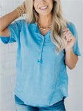 Leisure Washed Effect Buttoned Neck T-shirt for Women