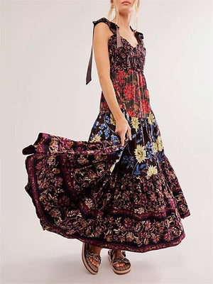 French Retro Floral Print Strappy Midi Dress for Lady