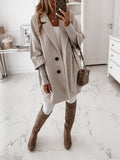 Women's 3/4 Sleeves Buttoned Lapel Faux Wool Coat with Pockets