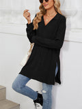 V Neck Striped Texture Side Split Fitted Shirt for Women