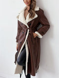 Ladies Elegant Lapel Plush Lining Mid-Length Coat with Waistband