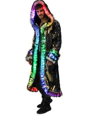 LED Light Up Costume Men's Hooded Faux Fur Coat