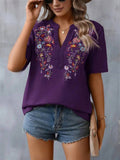 Floral Embroidered Spliced Lace Women's V-Neck T-shirt