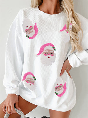 Women's Pink Hat Santa Sequin Embroidery Christmas Sweatshirt