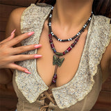 2pcs/Set Wooden Beads Irregular Stone & Butterfly Pendant Necklaces