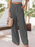 Women's Leisure Elastic Waist Straight-Leg Pants with Pocket