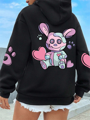 Cute Pink Heart Rabbit Printed Harajuku Hoodies for Women