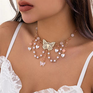 Romantic Butterfly Love Heart Pearl Pendant Necklace for Women