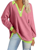 Ladies V Neck Contrast Color Oversized Long Sleeve Hoodies