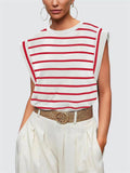 Leisure Round Neck Sleeveless Stripe Shirt for Women