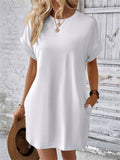 Holiday Simple Round Neck Batwing Short Sleeve Mini Dress for Lady