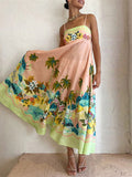 Summer Floral Coconut Tree Print High Waist Vacation Dress for Lady