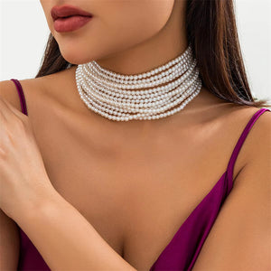 Ladies Elegant Imitation White Pearl Multilayer Beaded Necklace