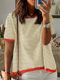 Stripe Contrast Color Short Sleeve Knitted Tops for Women