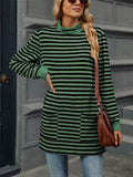 Autumn Slim Fit Long Sleeve High Collar Stripe Shirt for Women