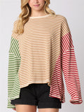 Multicolor Stripes Irregular Long Sleeve T-shirts for Women