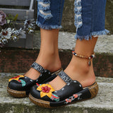 Leisure Flower Decoration Round Toe Wedge Heel Sandals for Ladies