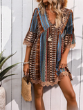 Bohemian Print V Neck Lace Hem Mini Dress for Women