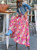 Bohemian Wavy & Checked Print Flowy Skirt for Women