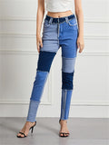 Female Colorblocked Raw Edge Splicing Jeans