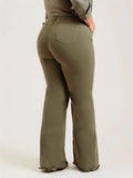 Women's Bouncy Slim Fit Olive Green Raw Edge Flared Jeans