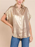 Single-breasted Batwing Sleeve Shinny Blouses for Ladies