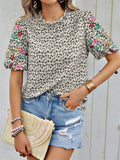 Ladies Floral Embroidered Leaf Print Puff Sleeve T-shirts