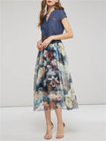 Women's Elegant Ink Flower Denim Chiffon Splicing Dress with Belt