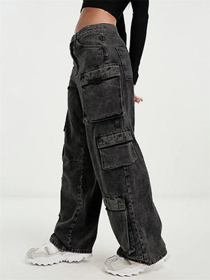 Ladies Dark Gray Multi-Pocket Denim Cargo Trouser