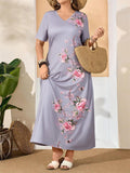 Women's Plus Size Flower Printed Short Sleeve V-Neck Dress