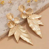 Female Three Leaves Faux Pearl Flowers Earrings