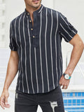 Men's Vertical Stripe Stand Collar Short Sleeve Shirt for Holiday