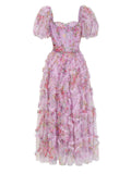 Romantic Flower Mesh Puff Sleeve Princess Dress for Women