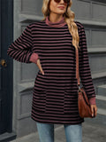 Autumn Slim Fit Long Sleeve High Collar Stripe Shirt for Women