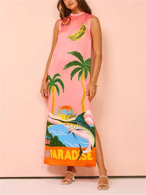 Women's Pink Side Split Sundress with Coconut Tree Letter Print