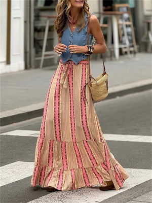 Leisure Vertical Stripe Tassel Drawstring Holiday Skirts for Women