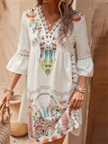 V-neck Bell Sleeve Lace Spliced Printed Dress for Women