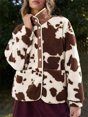 Blue White Stripe & Coffee Cow Print Plush Coat for Lady