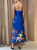 Summer Sexy Backless Print Sleeveless Satin Dress for Women