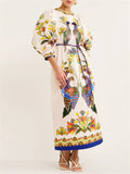 Women's Flower Peacock Round Neck Puff Sleeve Vintage Dress