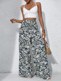 Women's Leaf Print High Waist Flowy Chiffon Wide Leg Pants