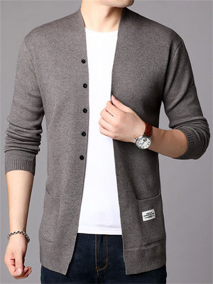 Autumn Winter Men's Solid Color Cardigan Sweater with Patch Pocket